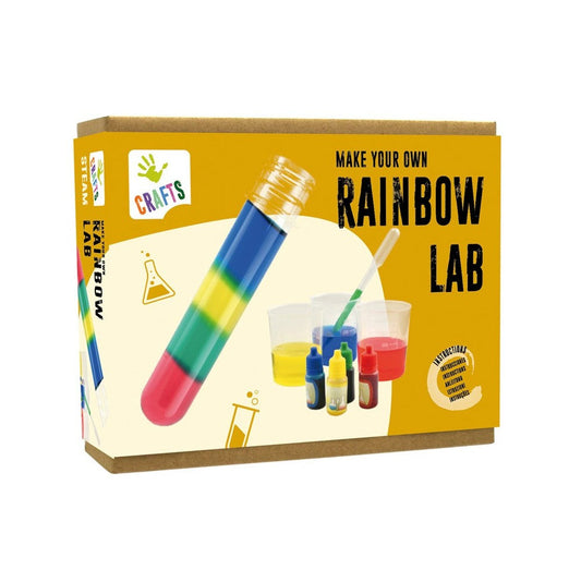 A product image of 'Make Your Own Rainbow Lab' kit by Andreu Toys, featuring a box with a picture of a test tube with colorful layers and a pipette, indicating an educational science experiment kit.