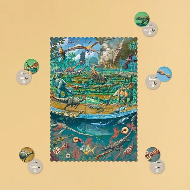 One Two Play 50-piece dinosaur puzzle with educational fact pieces featuring prehistoric land and sea creatures.