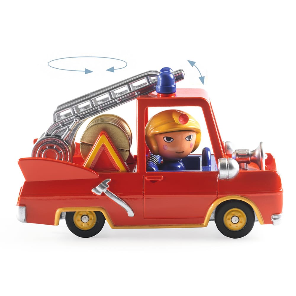 Toy fire truck with a character inside on a white background