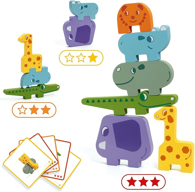 Colorful animal-themed educational toys with cards on a white background
