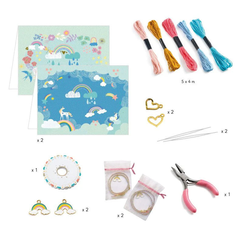 Craft kit with colorful materials and tools on a white background