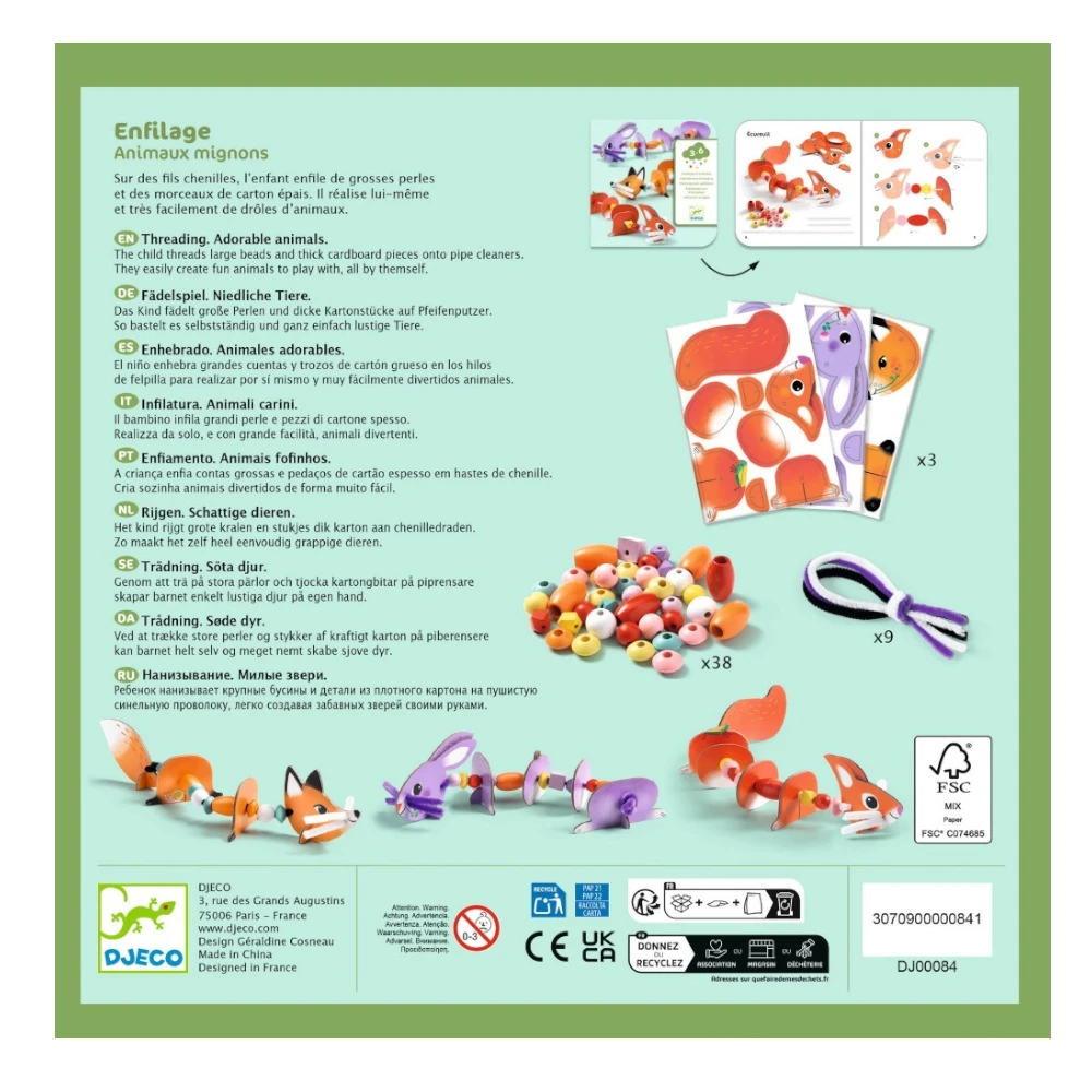 Fine motor construction with thread and beads: Cute animals, Djeco