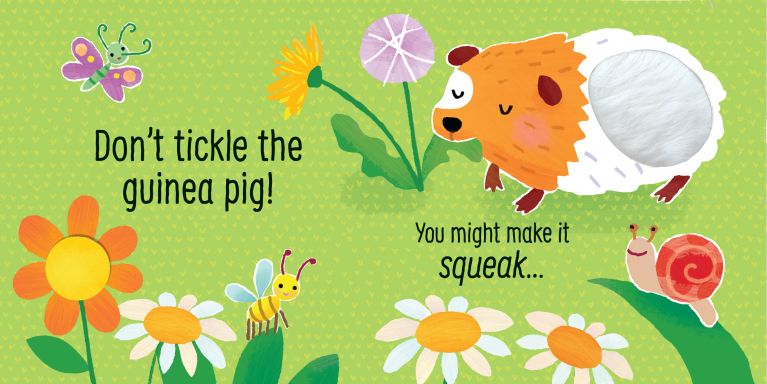 Illustration of a guinea pig among flowers with text on a green background
