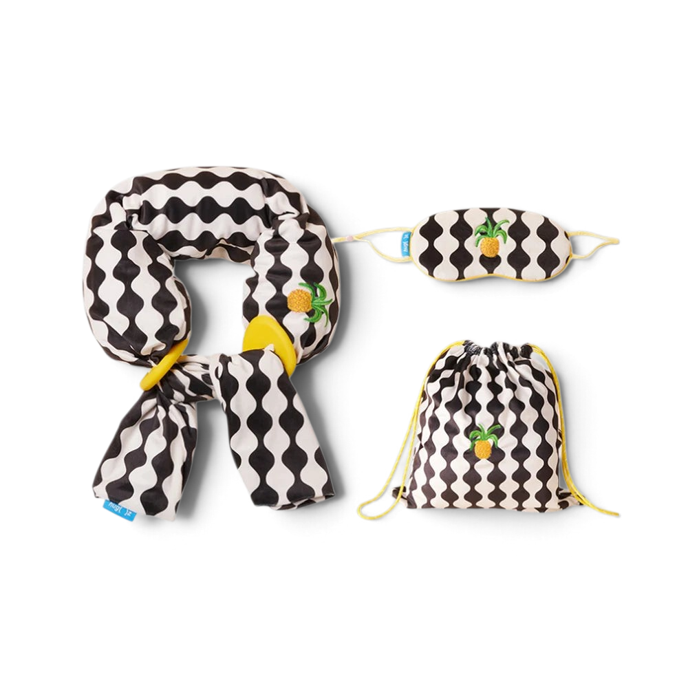 One Two Play Firefly Years Jelly Cloud travel sleep kit with black and white wavy pattern and pineapple embroidery.