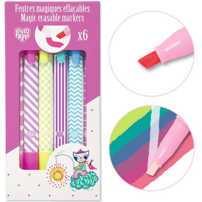 Packaging of magic erasable markers with colorful designs and a close-up of a marker.