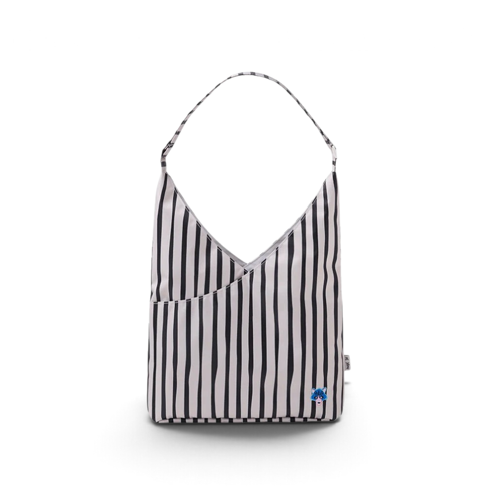 One Two Play Mistwood shoulder bag for kids in a black and white striped pattern with a small HugZ animal patch.