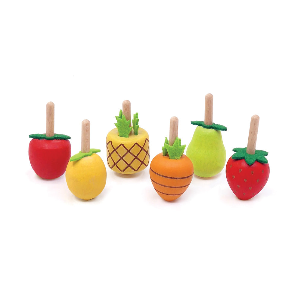 Set of colorful fruit-shaped ice cream cones on a white background