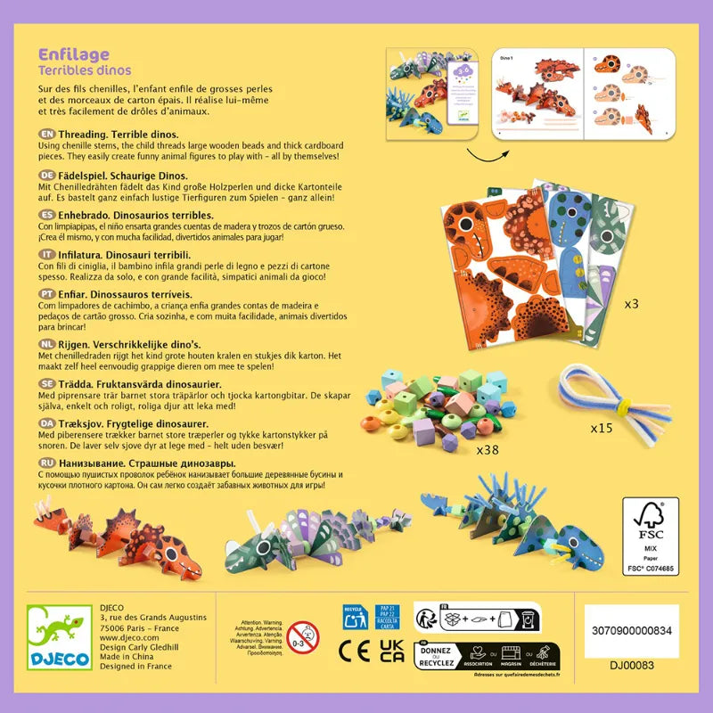 Fine motor construction with thread and beads: Dinos, Djeco