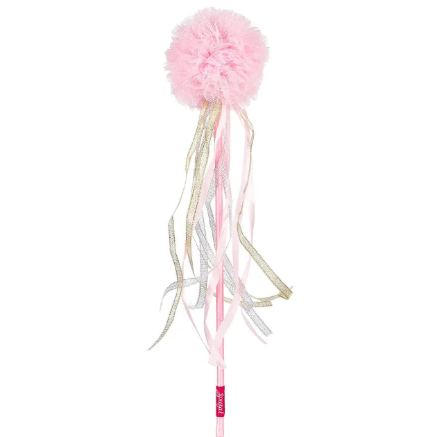 A pink fluffy pom-pom wand with long hanging ribbons in pink, white, and metallic silver, shown on a plain white background.