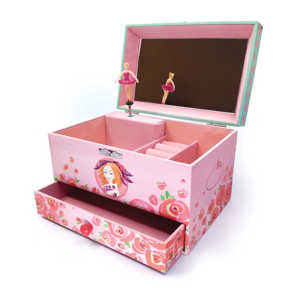 Svoora Musical Jewelry Box 'Esperides' with Ring Holder, Drawer & Wide Mirror 'Amphitrite'