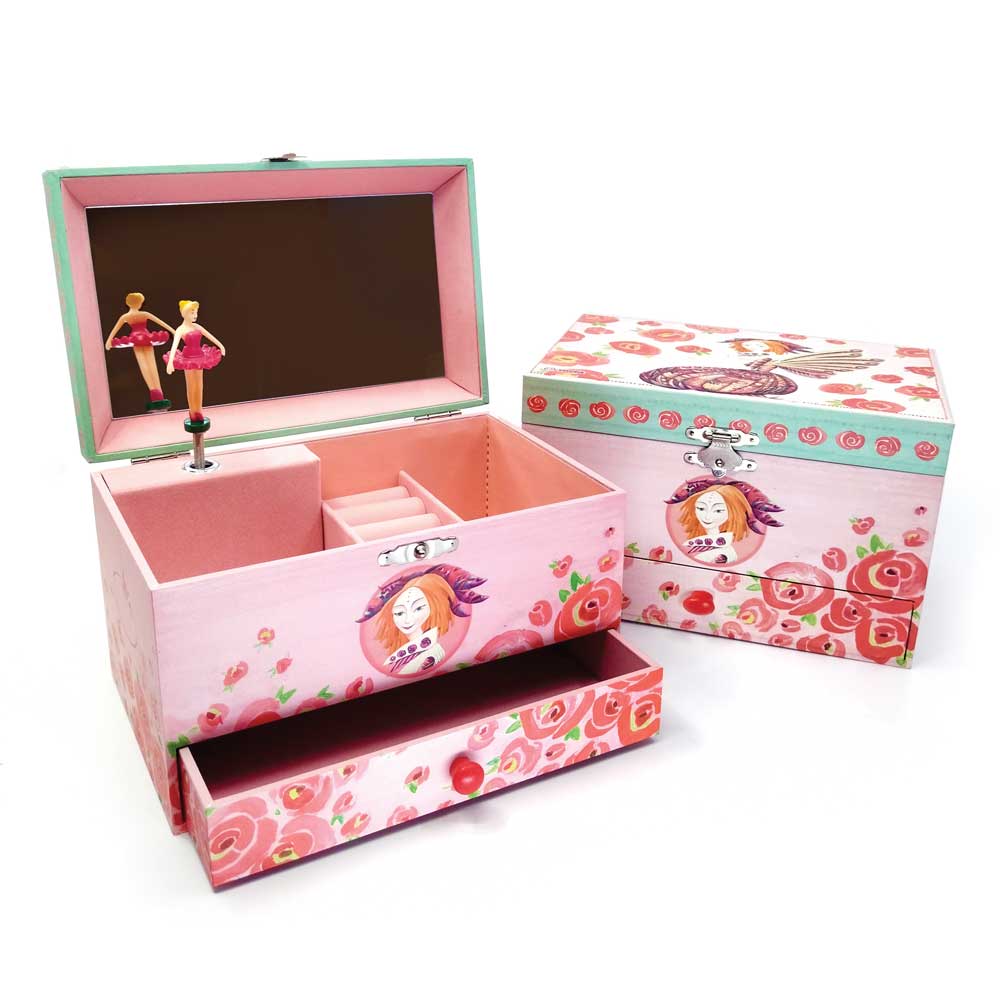 Svoora Musical Jewelry Box 'Esperides' with Ring Holder, Drawer & Wide Mirror 'Amphitrite'