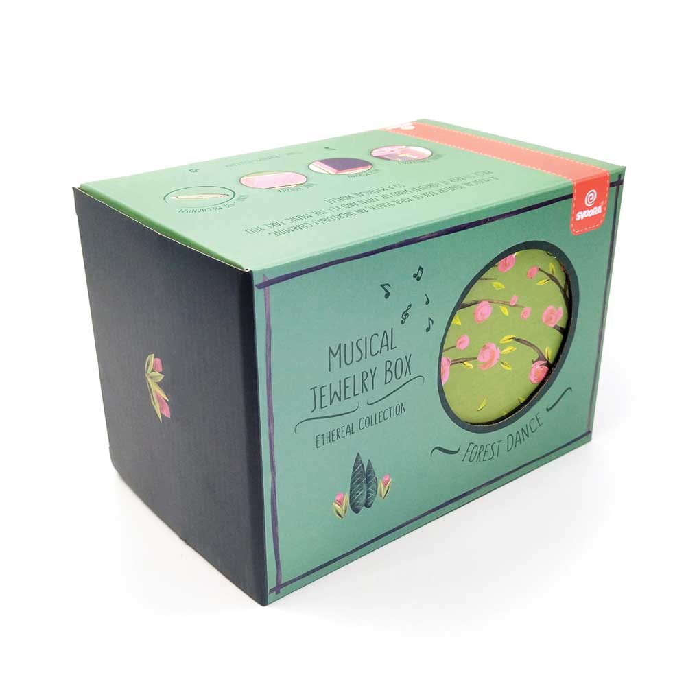 Svoora Musical Jewelry Box 'Ethereal' with Ring Holder, Drawer & Wide Mirror 'Forest Dance'