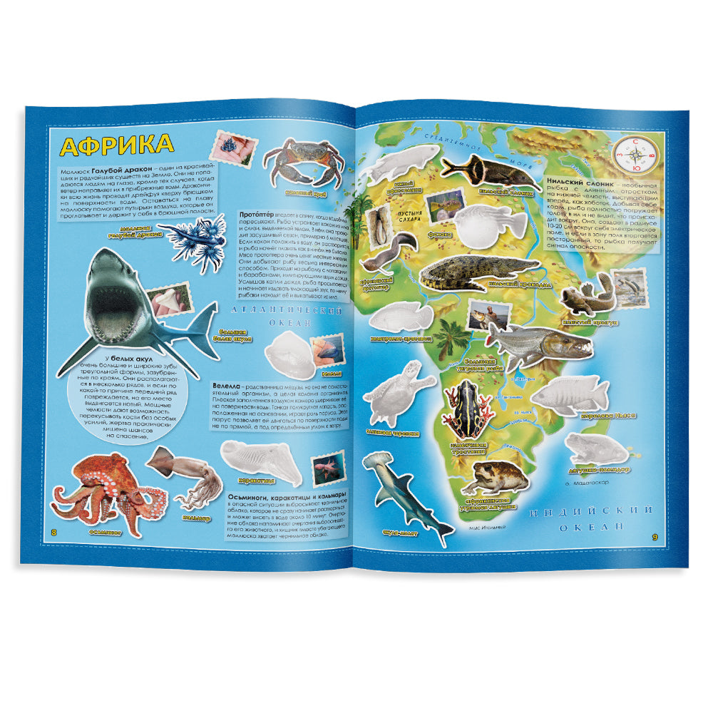 Обитатели рек, морей и океанов. Атлас с наклейками.