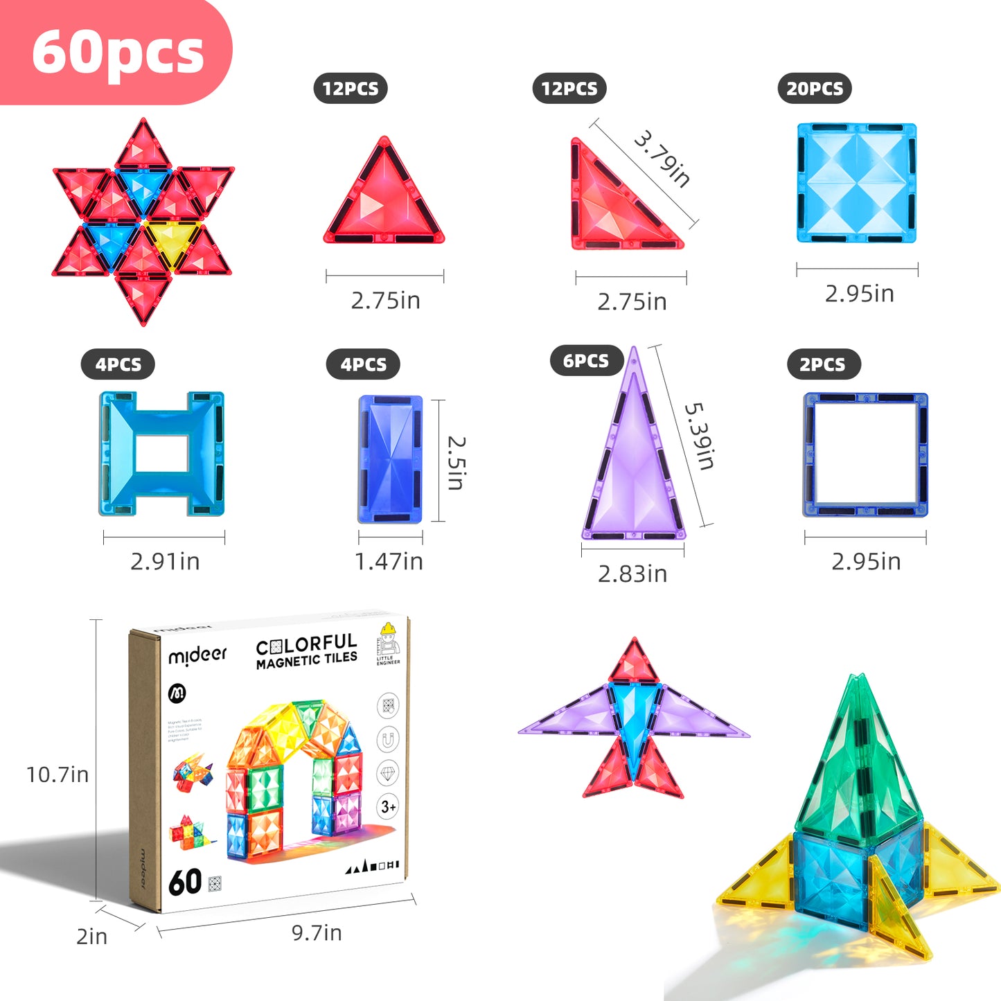 Colorful Magnetic Tiles 60pcs, Mideer