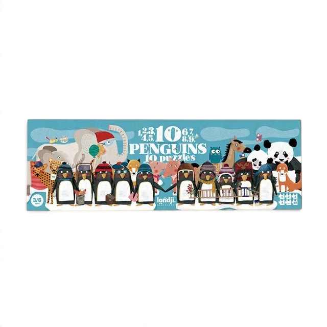 One Two Play 10 Penguins progressive animal puzzle set in a blue box featuring illustrated animals on a yellow background