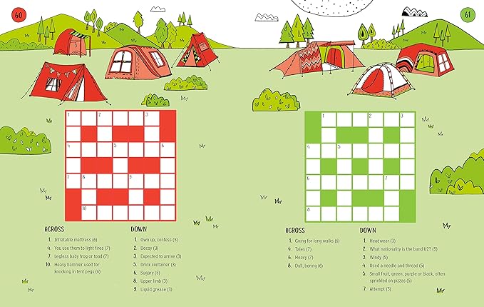 Illustration of a camping scene with crossword puzzles on a green background