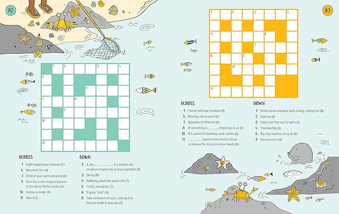 Educational crossword puzzle with ocean-themed illustrations on a light blue background