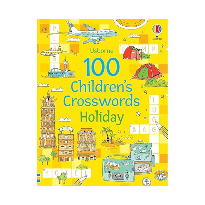 Book cover of '100 Children's Crosswords Holiday' by Usborne on a yellow background with illustrations.