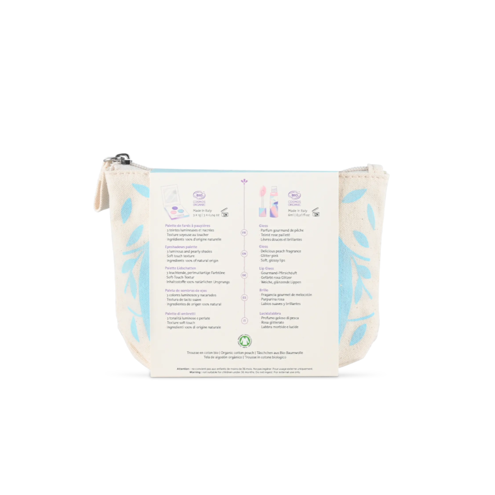 One Two Play kids makeup set in a reusable organic cotton pouch with blue leaf patterns and product information.