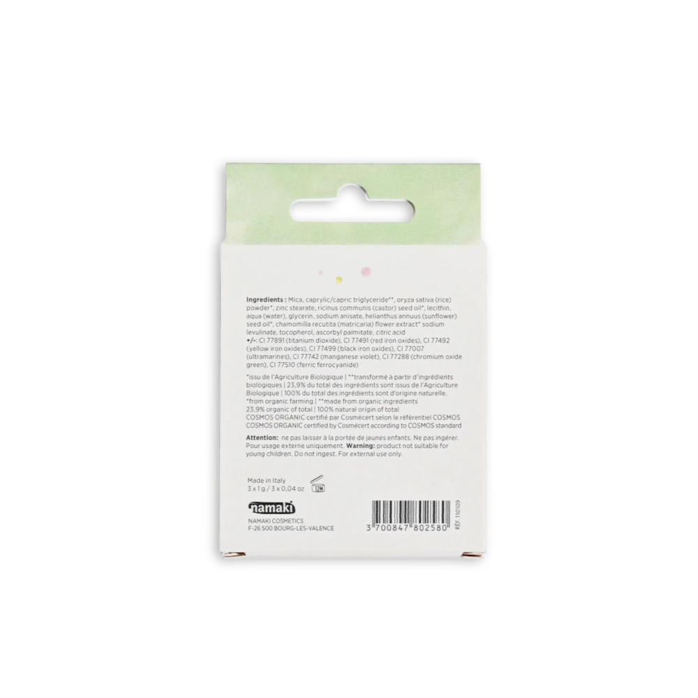 Back of One Two Play Spring 3 eyeshadow palette packaging showing ingredients list and barcode on white background