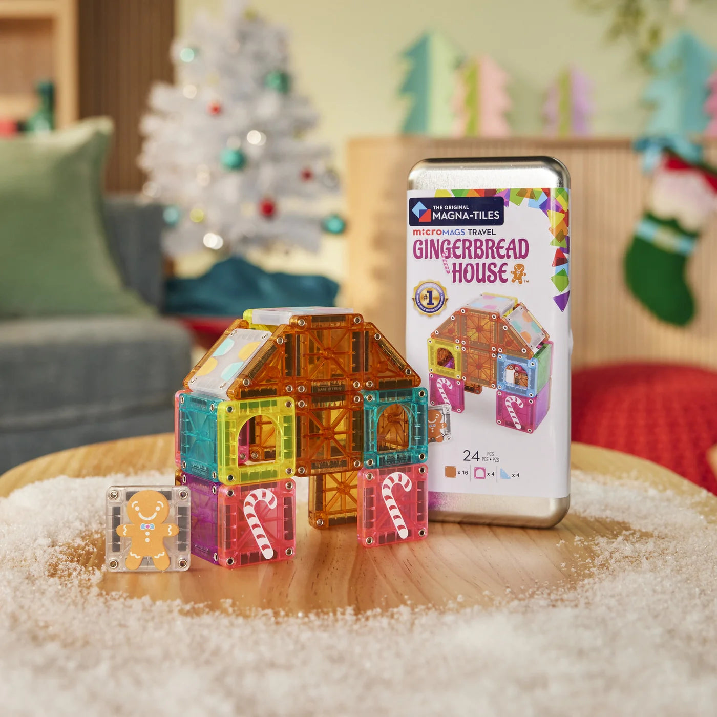 MicroMAGS Travel: Gingerbread House , 24 Pieces, Magnetic Tiles for Kids 3+