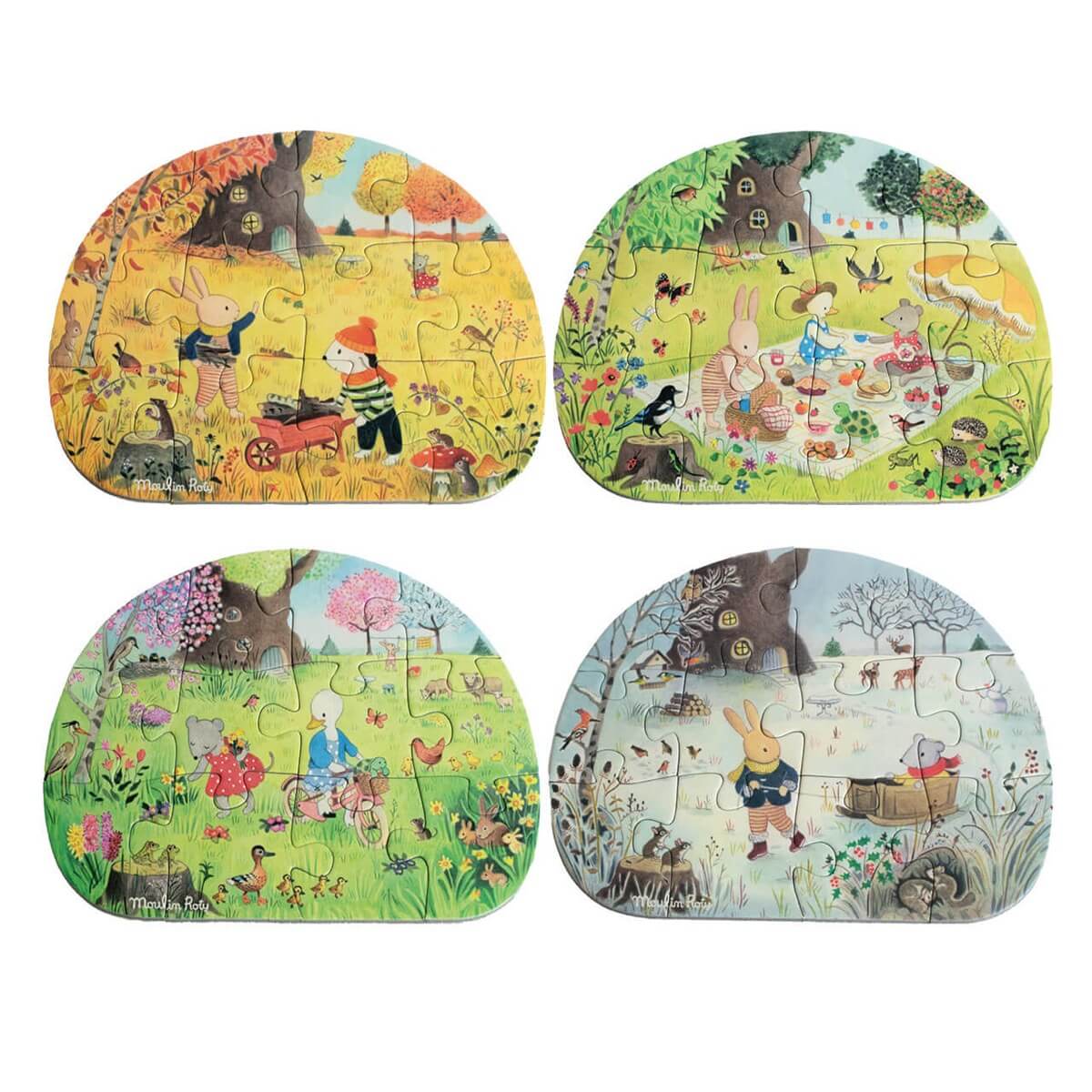 4 Mini Puzzles Seasons 4x12 Pieces, La Grande Famille, Moulin Roty
