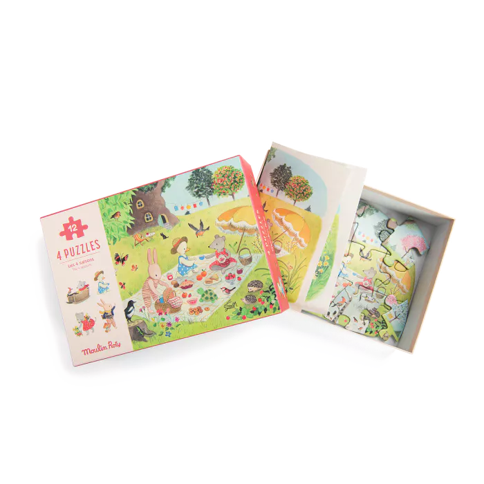 4 Mini Puzzles Seasons 4x12 Pieces, La Grande Famille, Moulin Roty