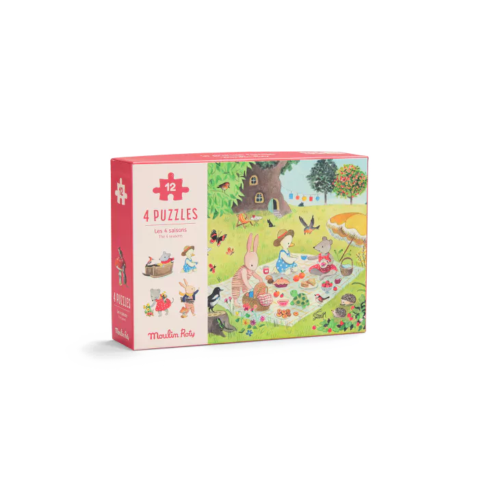4 Mini Puzzles Seasons 4x12 Pieces, La Grande Famille, Moulin Roty