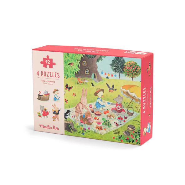 4 Mini Puzzles Seasons 4x12 Pieces, La Grande Famille, Moulin Roty