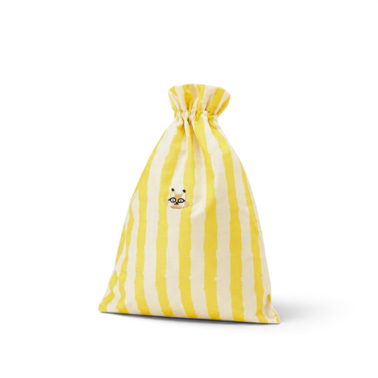 One Two Play yellow and white striped laundry bag for kids with a small embroidered animal face detail.