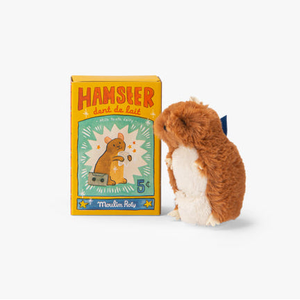 Plush toy hamster next to its packaging on a white background