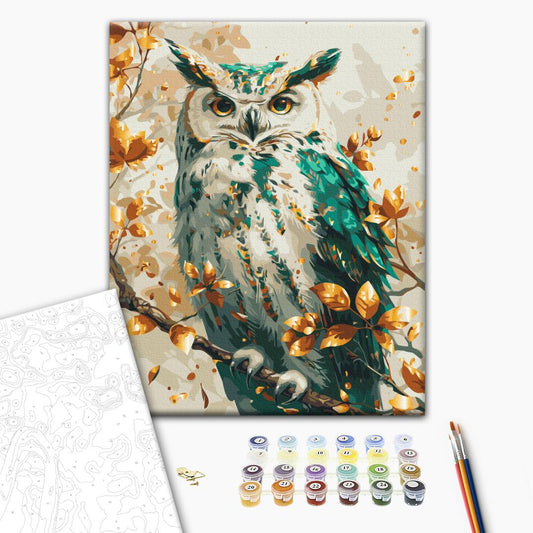 Emerald owl with metallic colors Paint by Numbers, Brushme