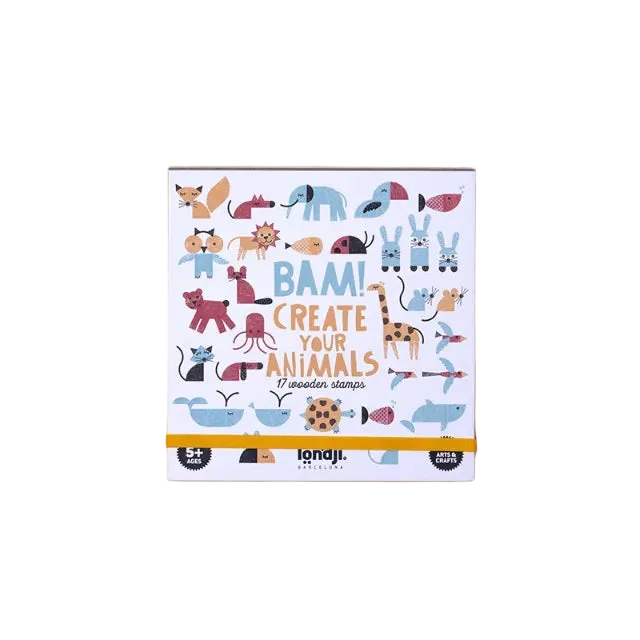 A children's wooden stamp set box titled 'BAM! CREATE YOUR ANIMALS' by lonaji, featuring colorful cartoon animal illustrations on a white cover, set against a solid mustard yellow background.