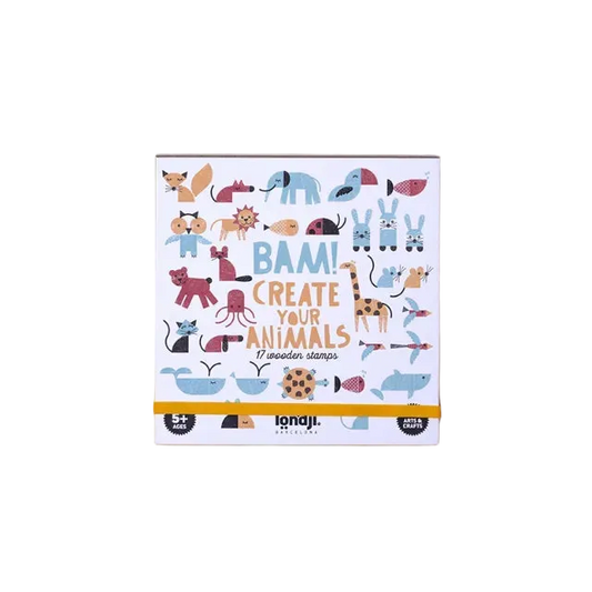 A children's wooden stamp set box titled 'BAM! CREATE YOUR ANIMALS' by lonaji, featuring colorful cartoon animal illustrations on a white cover, set against a solid mustard yellow background.