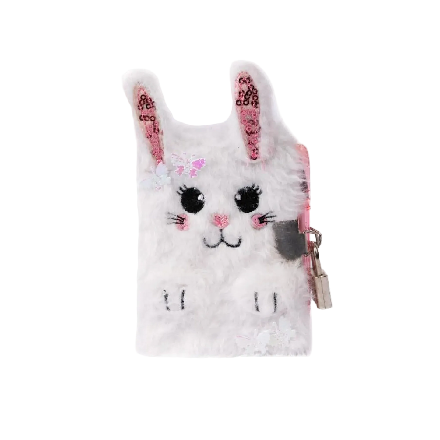 A white faux fur wallet shaped like a cute bunny face, featuring pink sequined ears, embroidered facial features, and a silver zipper pull on a plain white background.