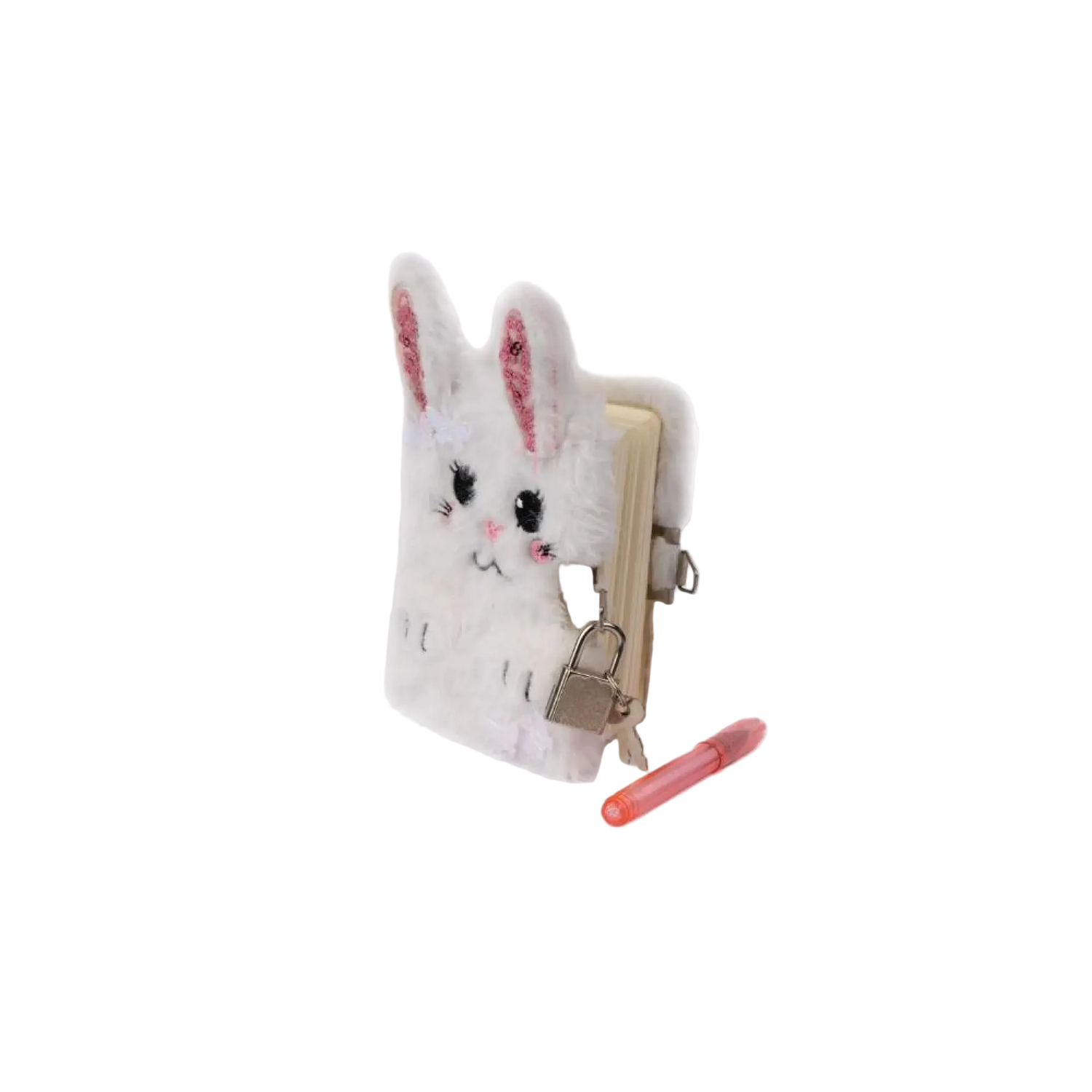 A white faux-fur bunny-shaped notebook cover with embroidered eyes, nose, and pink inner ears, shown closed with a small metal padlock attached. A pink pen lies beside it on a plain white background.