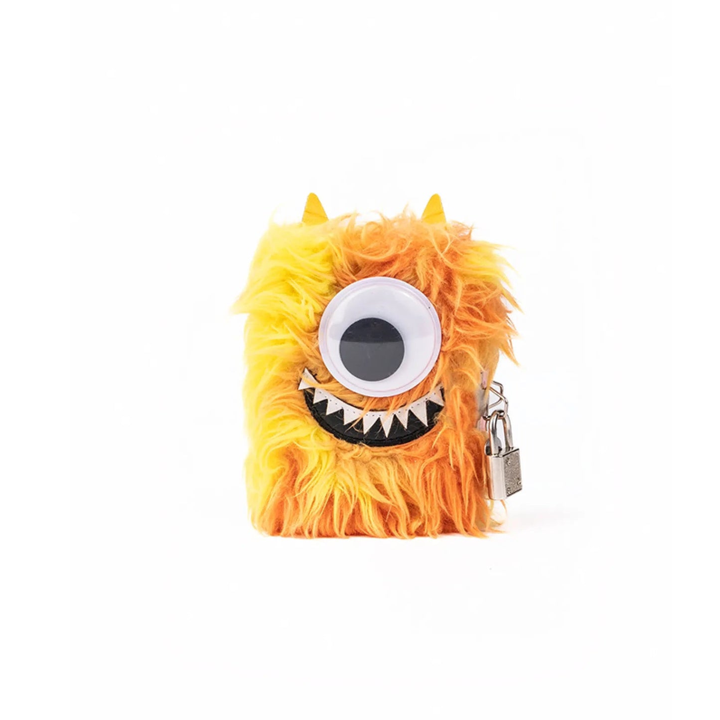 A small plush monster wallet or pouch in bright orange and yellow faux fur, featuring a large white eye with a black pupil, black triangular teeth, two small horn tips, and a silver zipper pull with a small padlock, shown on a plain white background.