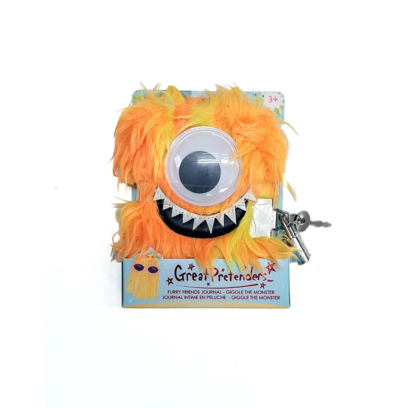 A monster-themed card reader or book with a fluffy orange and yellow face, a large cartoon eye, and a keyhole lock, shown on a plain white background.