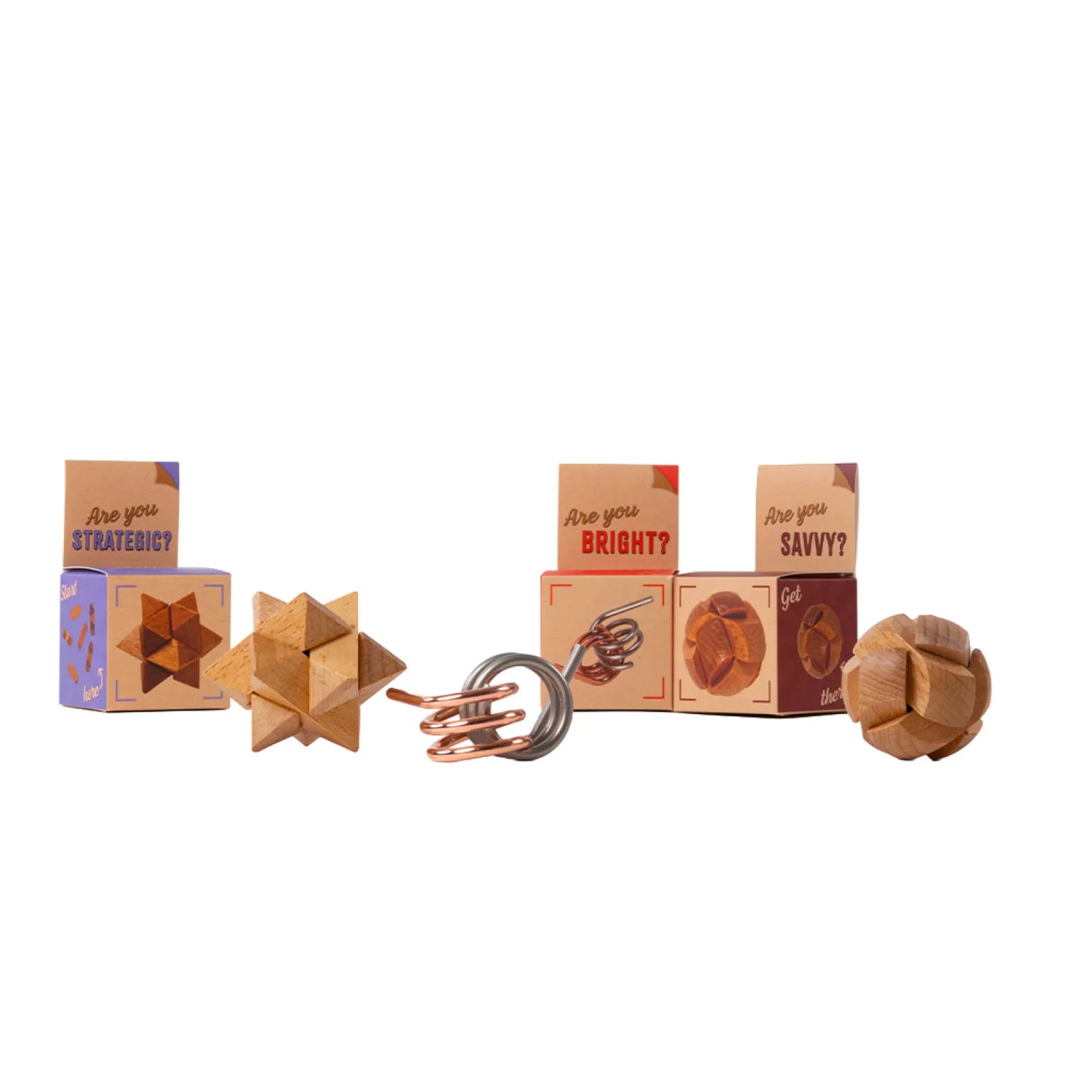 A set of wooden brain teasers and matching boxes arranged on a plain white background. The set includes a wooden star puzzle, a copper-colored spiral puzzle, and several tan boxes with printed riddle questions such as 'Are you STRATEGIC?', 'Are you BRIGHTY?', and 'Are you SAVVY?'.