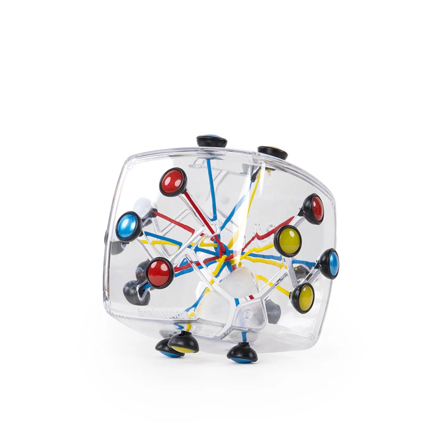 A clear plastic cube-shaped toy with a colorful molecular model inside, featuring red, blue, yellow, and black elements, on a white background.