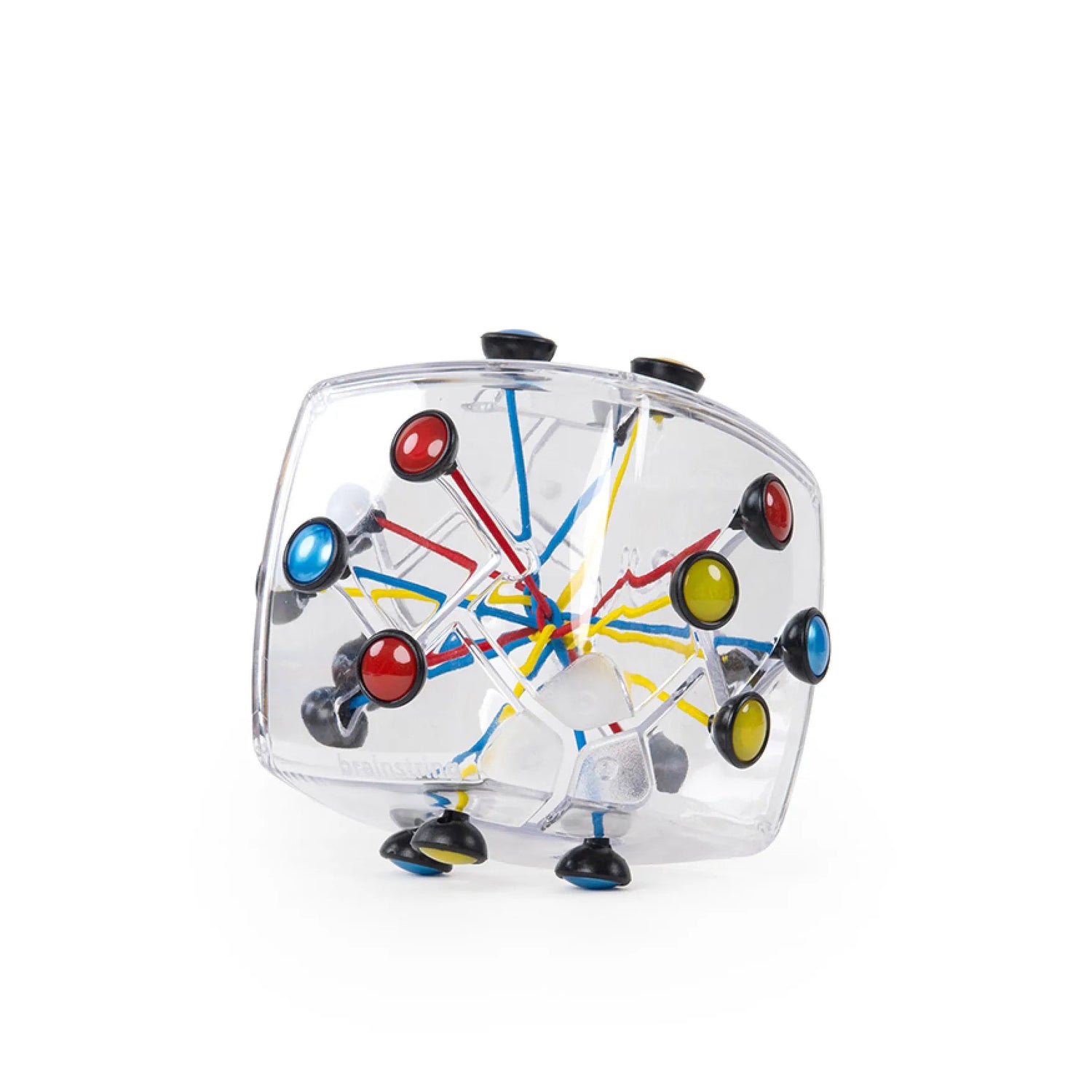 A clear plastic cube-shaped toy with a colorful molecular model inside, featuring red, blue, yellow, and black elements, on a white background.