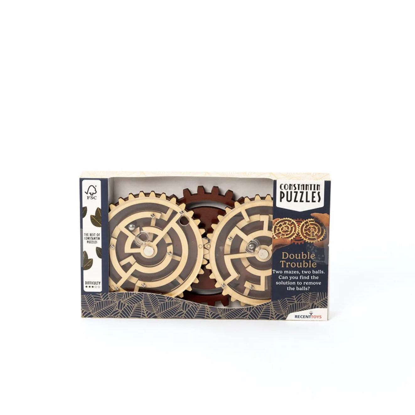 A boxed wooden double trouble puzzle set by The Puzzle Company, featuring two interlocking gear-shaped wooden puzzles with maze patterns, shown in its retail packaging against a white background.