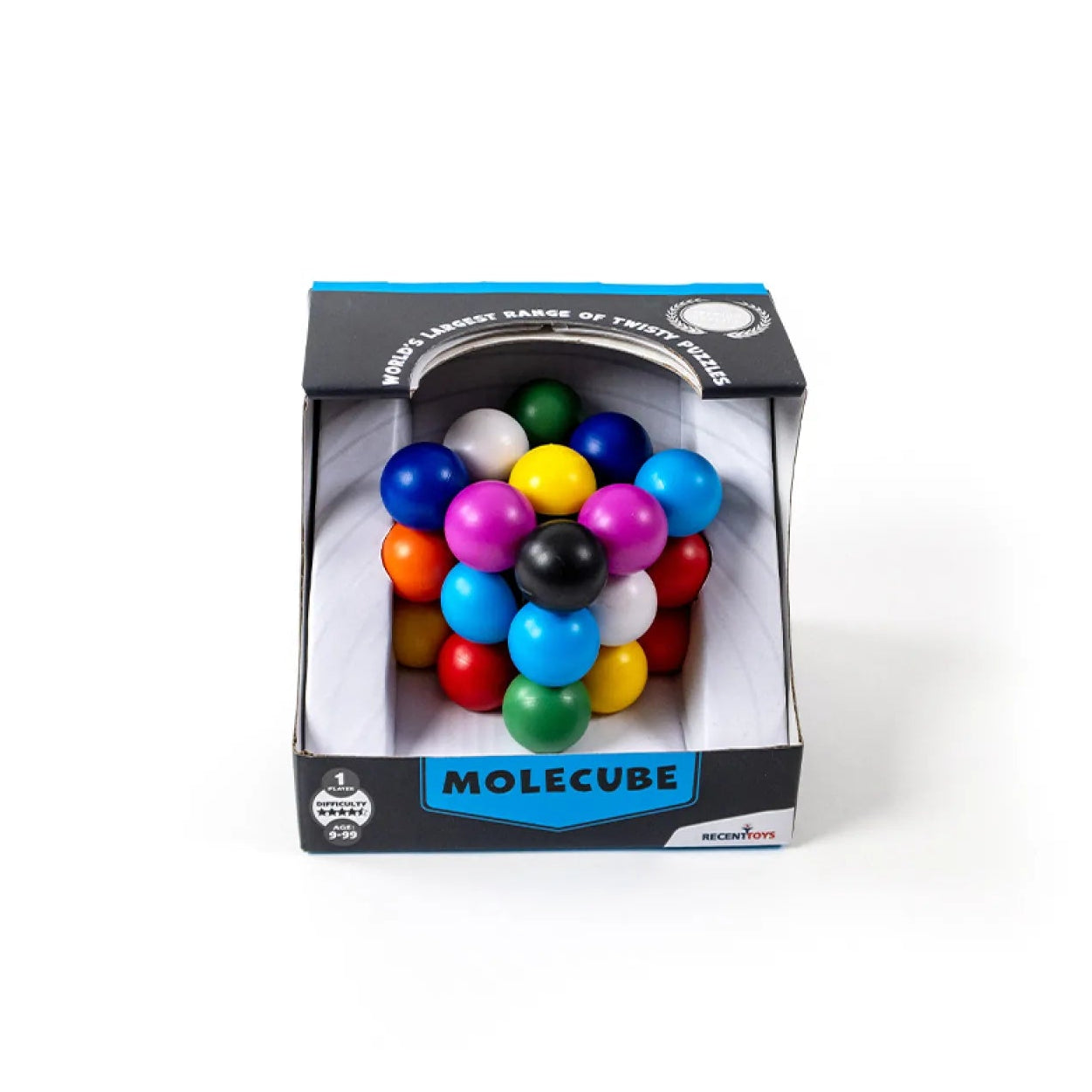 Molecube molecular model toy in its original retail packaging, featuring a cluster of colorful plastic spheres inside a black and white box with blue accents.