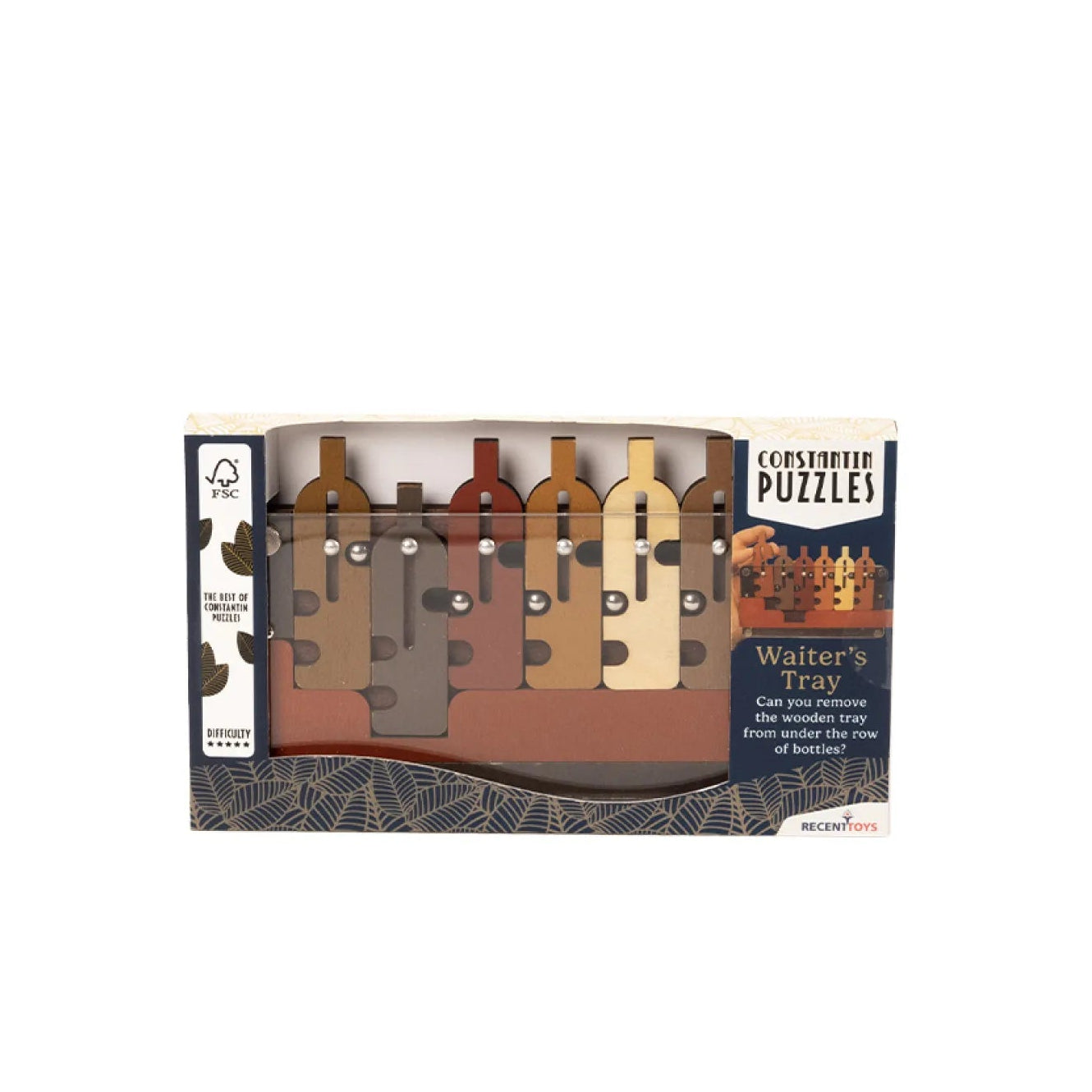 A boxed set of wooden jigsaw puzzles from the brand Mindful, featuring a 'Walter's Tray' puzzle set. The packaging is white with dark navy blue accents and a clear window showing the wooden puzzle pieces inside.