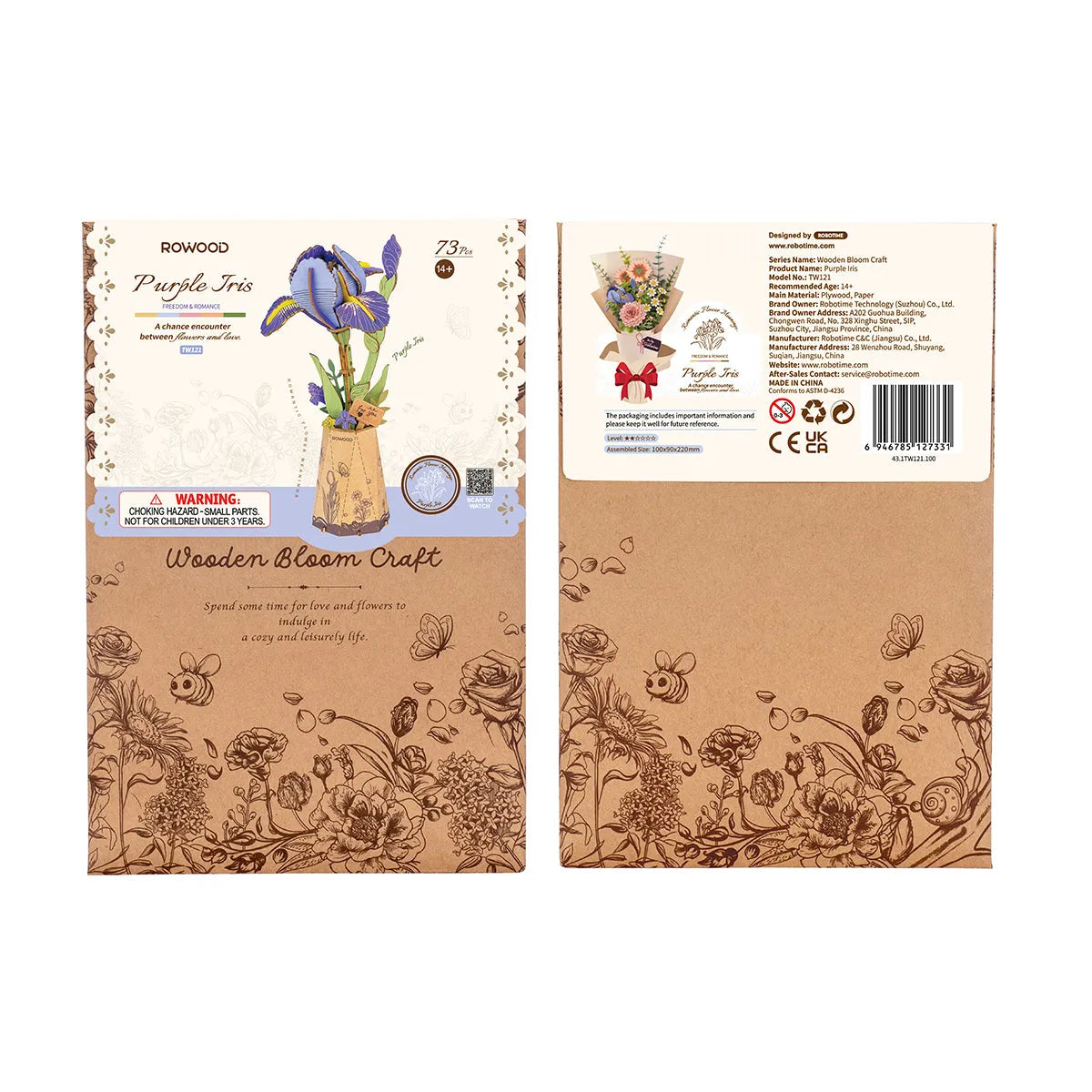 DIY Wooden Flower 3D Puzzle 14+: Purple Iris TW121, Robotime Rowood