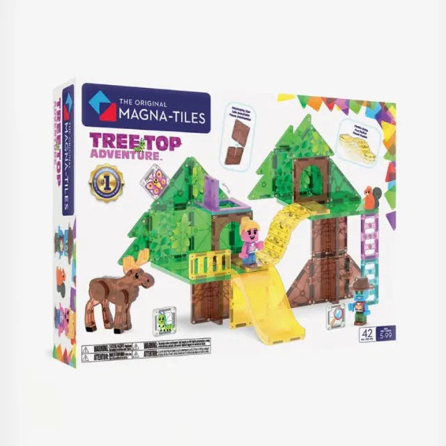 The Original Magna-Tiles Tree Top Adventure toy set in its retail packaging, featuring a colorful magnetic treehouse playset with a yellow slide, green trees, and a brown moose figure on a white background.