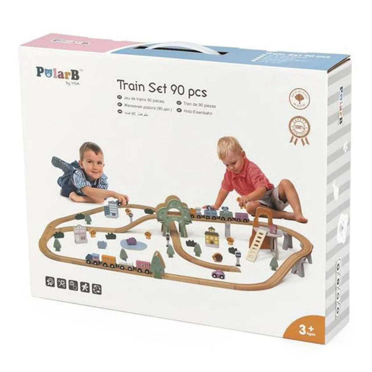 Wooden Train Set PolarB, For Kids 3+, 90 Piece Track and Trains