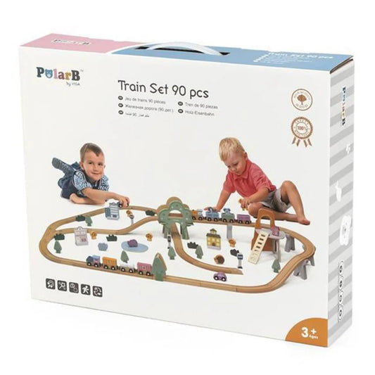 Wooden Train Set PolarB, For Kids 3+, 90 Piece Track and Trains