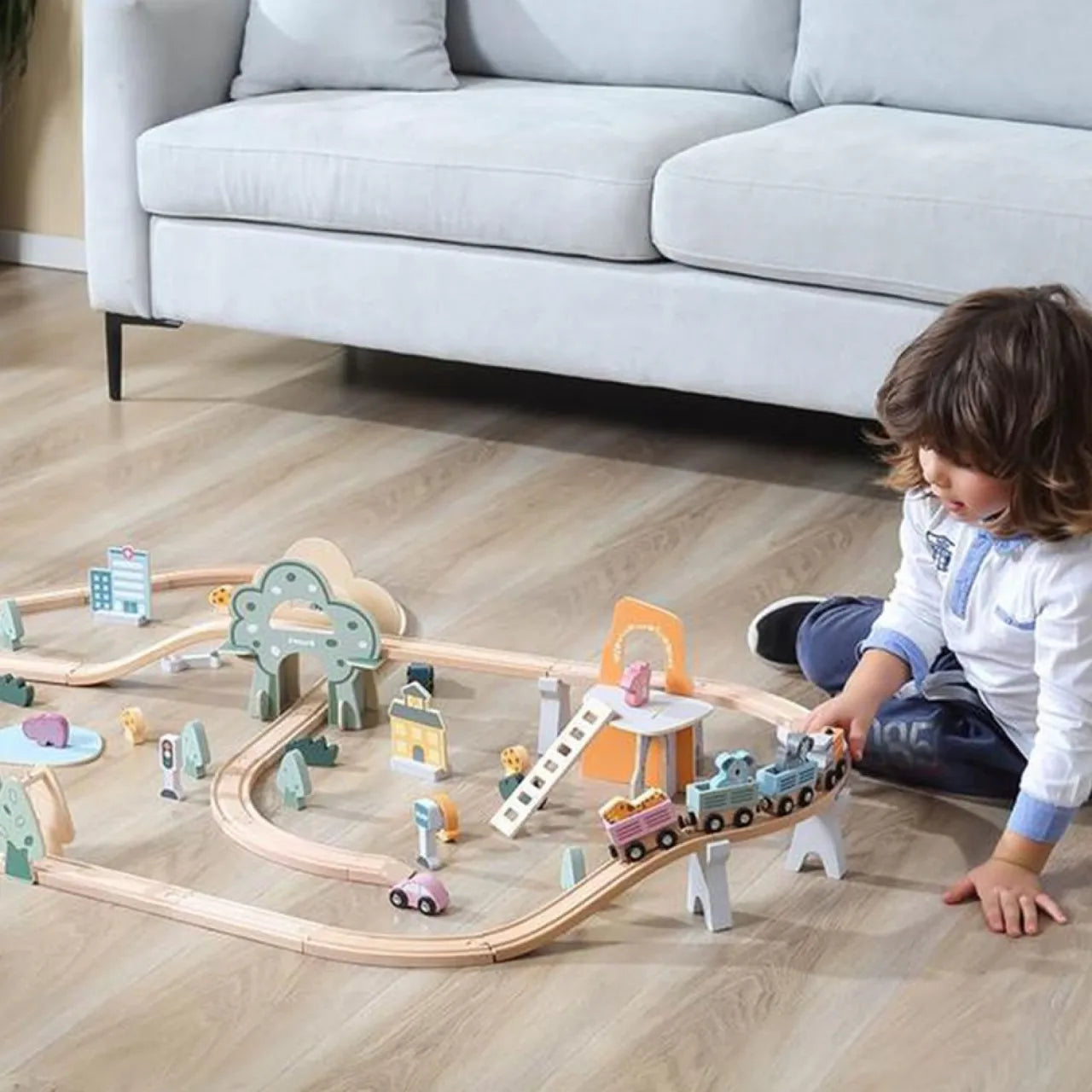 Wooden Train Set PolarB, For Kids 3+, 90 Piece Track and Trains