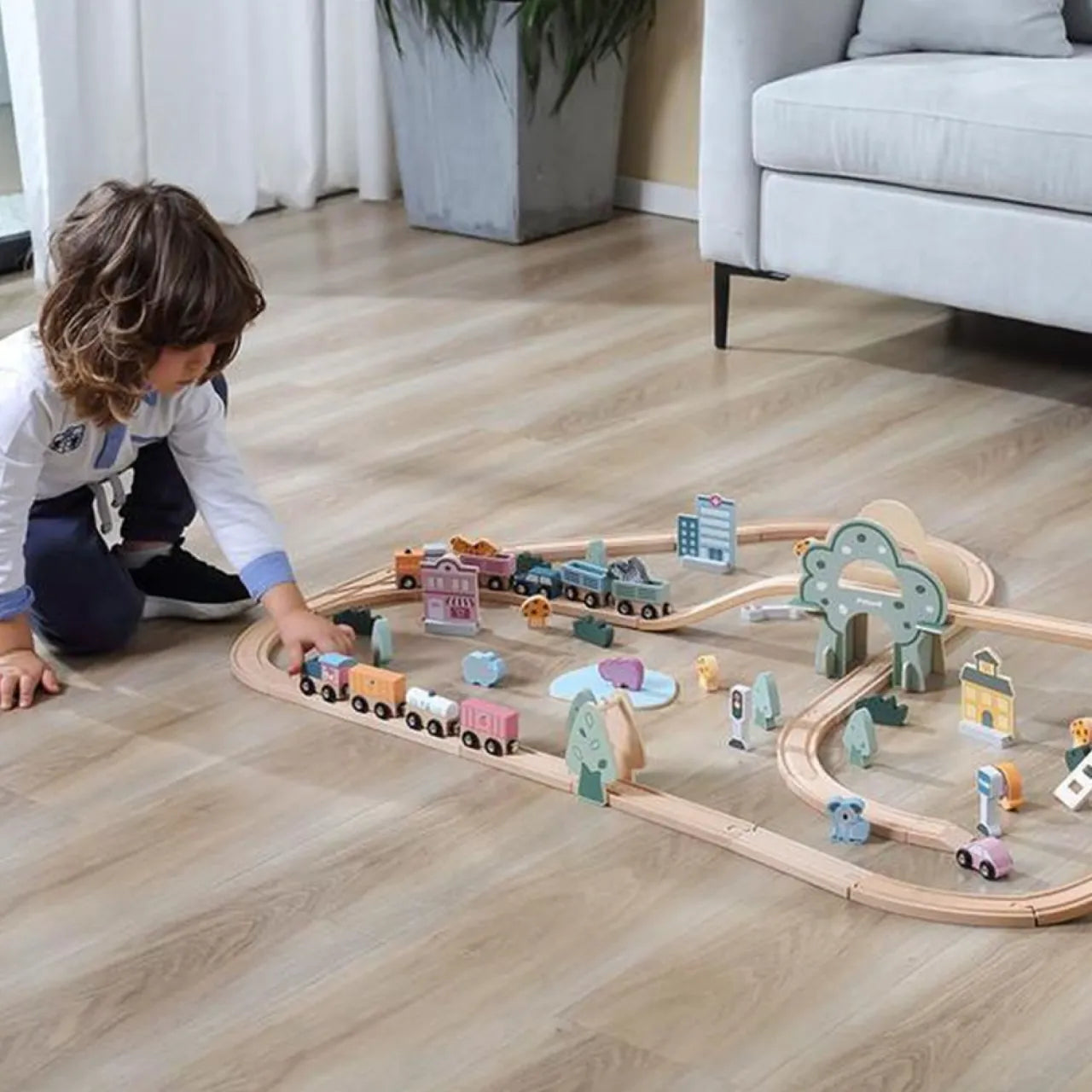 Wooden Train Set PolarB, For Kids 3+, 90 Piece Track and Trains